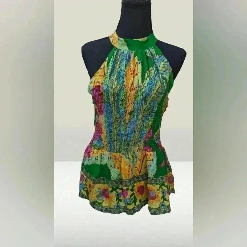 Nwt Cynthia Rowley Women's Smocked Tropical Multicolored High Neck Halter Top Lg